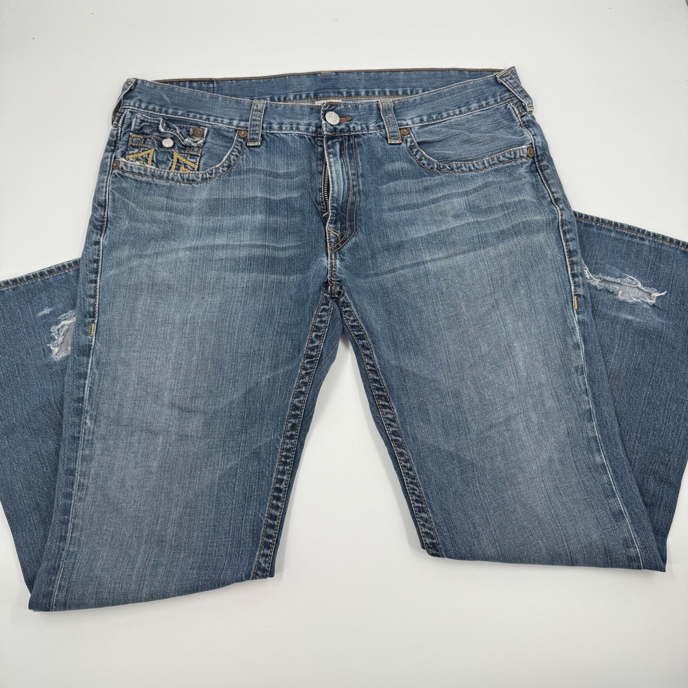 True Religion Straight Leg Jeans Mens 42 Blue Contrast Thick Stitch Made in USA